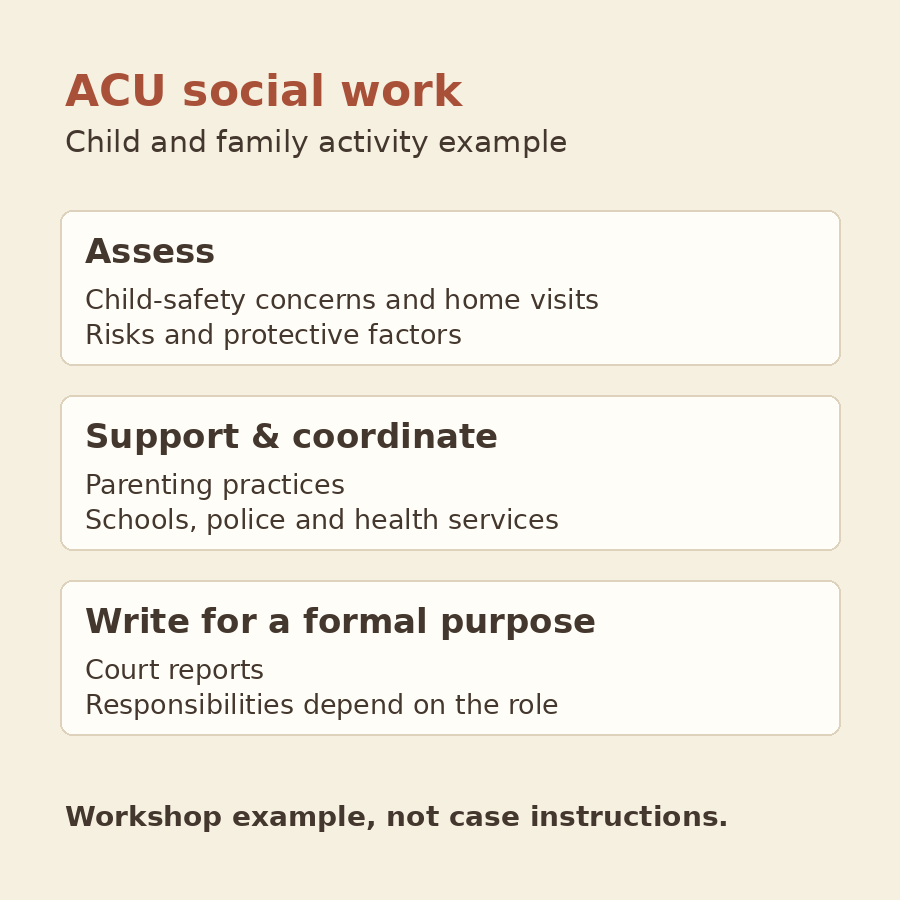 Original diagram grouping the workshop child and family example into assessment, parenting support and coordination, and court reports.