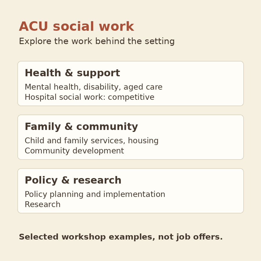 Original diagram grouping selected ACU workshop examples into health and support, family and community, and policy and research; hospital social work is marked competitive.